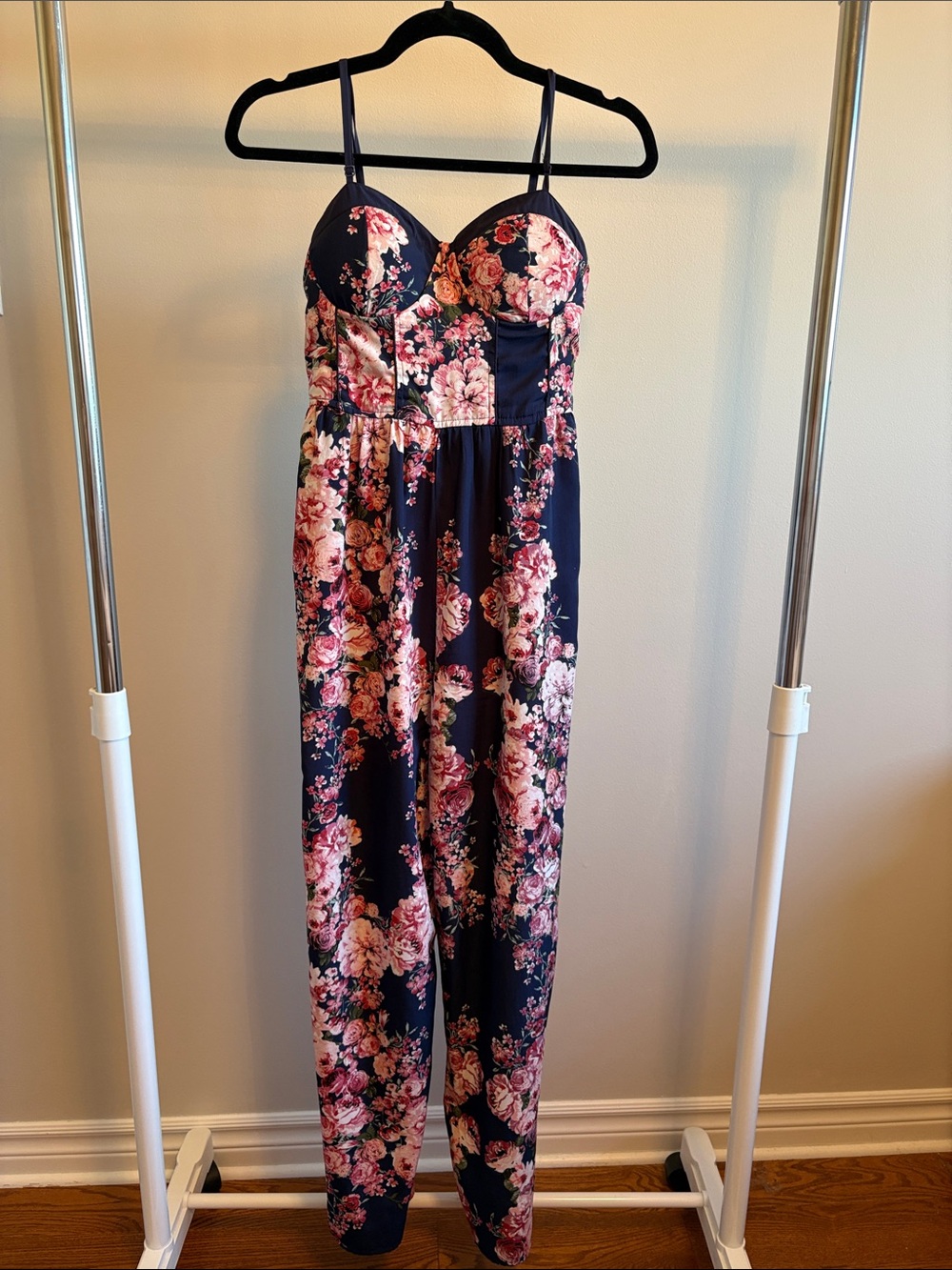 Band of Gypsies Navy Jumpsuit with Pink Floral Print